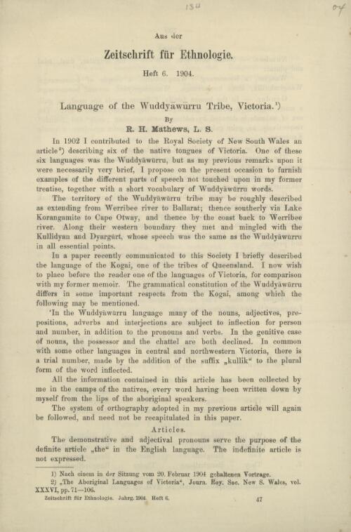 Language of the Wuddyawurru tribe, Victoria / by R.H. Mathews