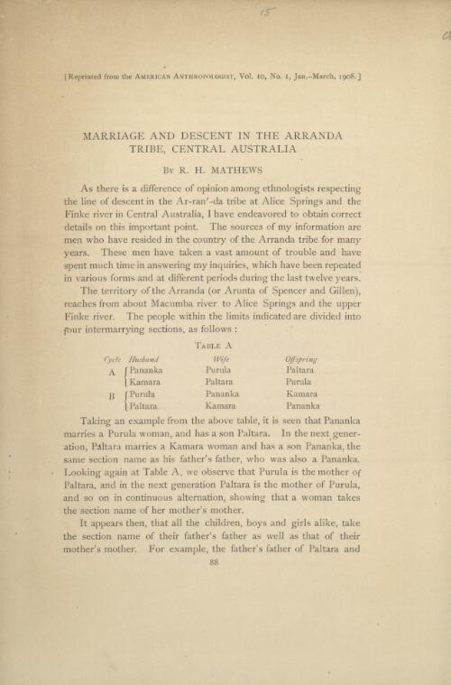 Marriage and descent in the Arranda tribe, Central Australia / by R. H. Mathews