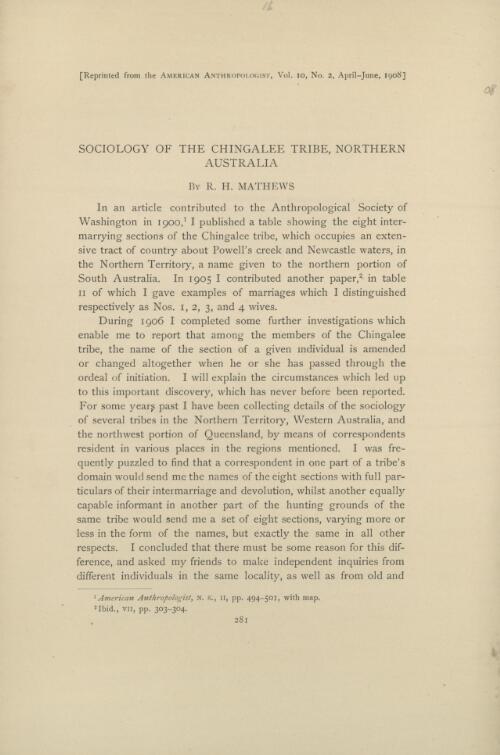Sociology of the Chingalee tribe, Northern Australia / by R.H. Mathews