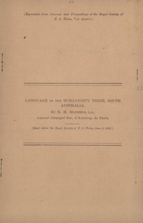 Language of the Bungandity tribe, South Australia / by R.H. Mathews