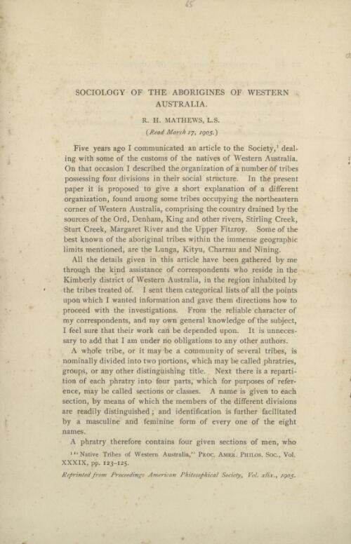 Sociology of the Aborigines of Western Australia / R.H. Mathews