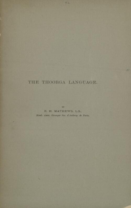 The Thoorga language / by R.H. Mathews