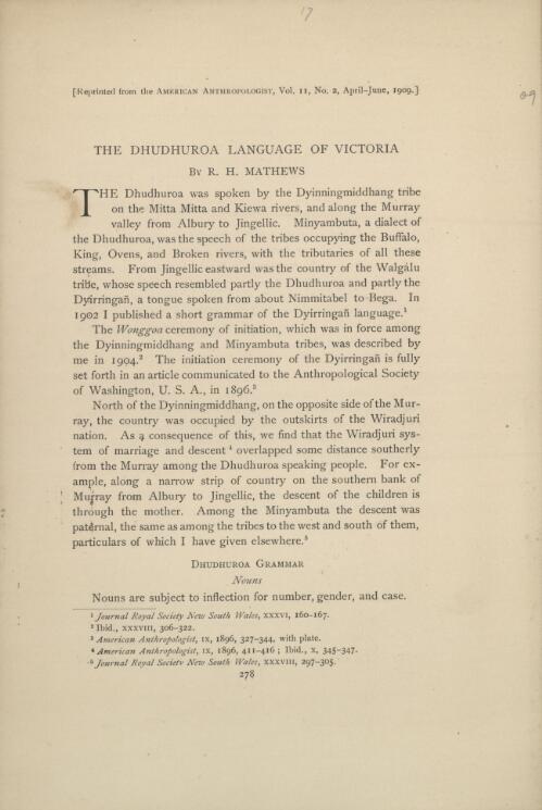 The Dhudhuroa language of Victoria / by R. H. Mathews