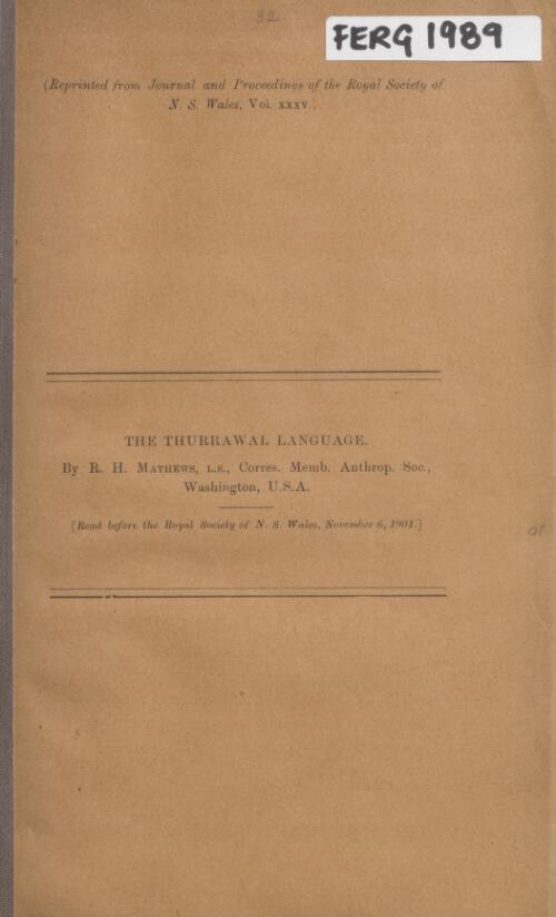 The Thurrawal language / by R. H. Mathews