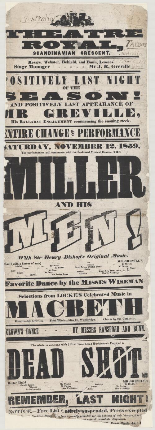 Saturday November 12, 1859 the performances will commence with the far-famed musical drama The miller and his men!