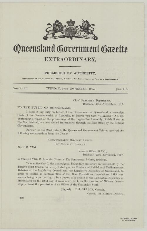 Queensland government gazette : extraordinary vol. CIX, no. 213 Tuesday, 27th November 1917
