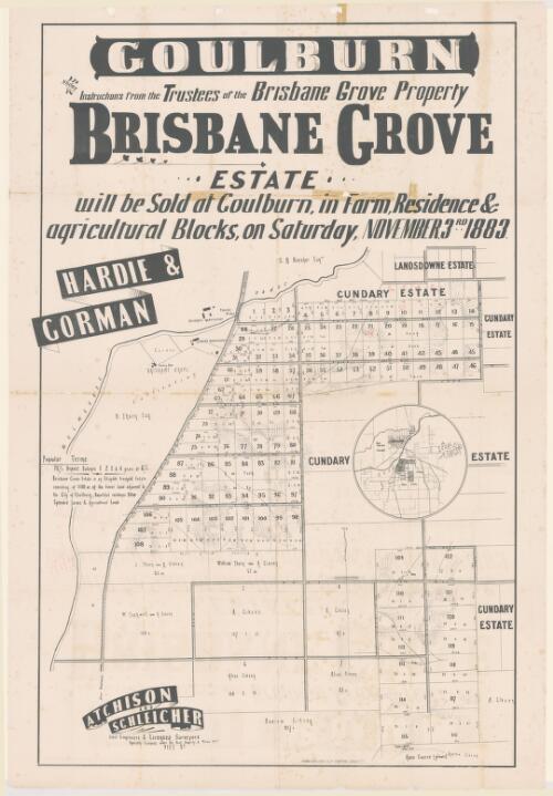 Goulburn, under instructions from the trustees of the Brisbane Grove Property, Brisbane Grove Estate [cartographic material] : will be sold at Goulburn, in farm, residence & agricultural blocks, on Saturday, November 3rd 1883 / Hardie & Gorman