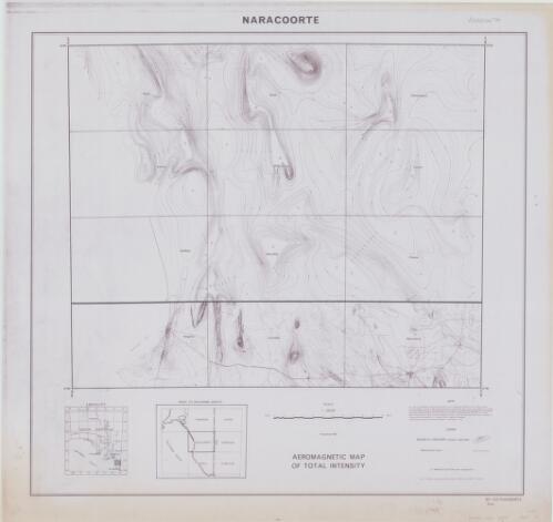Aeromagnetic map of total intensity. Naracoorte [cartographic material] / this map is compiled from airborne magnetometer survey conducted on behalf  of the S.A. Dept. of Mines