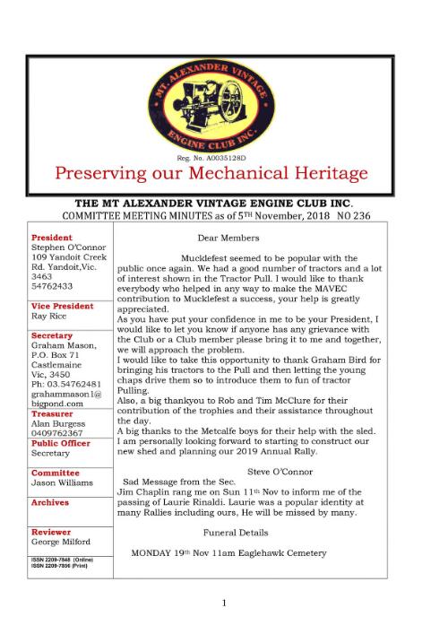 The Mt Alexander Vintage Engine Club Inc. [news] : preserving our mechanical heritage