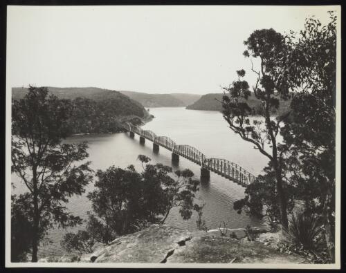 Elevated view of Hawkesbury River railway bridge, New South Wales, approximately 1935