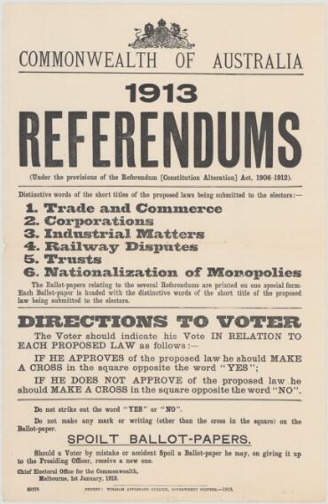 1913 Referendums Under The Provisions Of The Referendum Constitution Alteration Act 1906 1912 Distinctive Words Of The Short Titles Of The Proposed Laws Being Submitted To The Electors