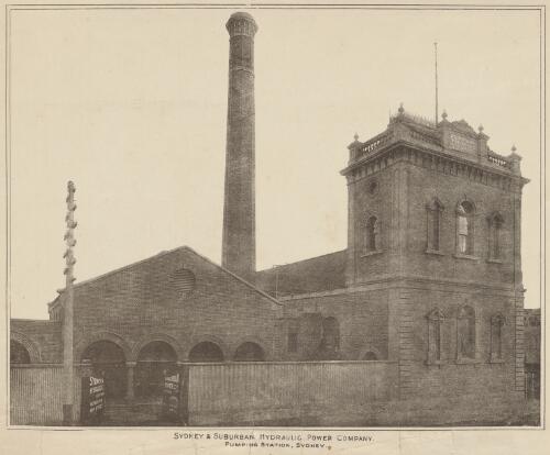 Exterior view of Sydney & Suburban Hydraulic Power Company pumping station, Darling Harbour, Sydney, New South Wales, approximately 1898