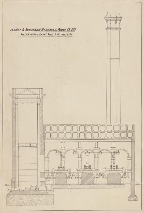 Section drawing of engine house and accumulator of Sydney & Suburban Hydraulic Power Company pumping station, Darling Harbour, Sydney, New South Wales, approximately 1898