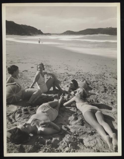 Five women surfers on the beach, Sydney, approximately 1935