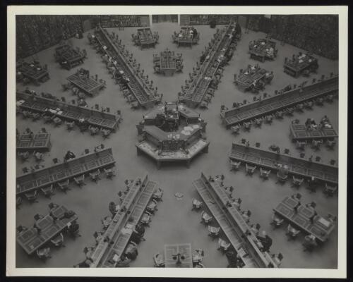 Elevated interior view of the Melbourne's public library reading room, Melbourne, approximately 1938