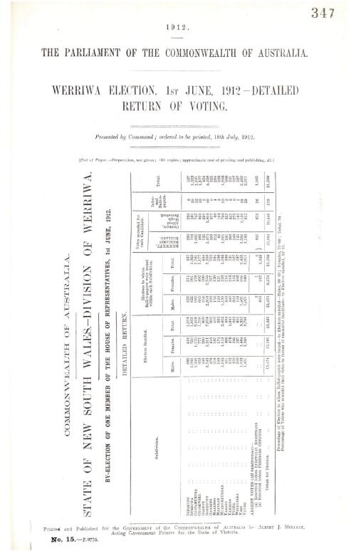 Werriwa Election, : 1st June 1912, detailed return of voting