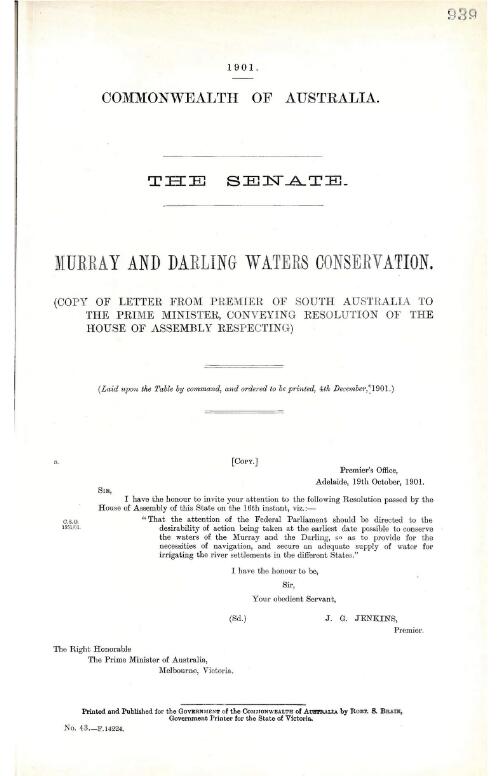 Murray and Darling waters conservation. : (copy of letter from Premier of South Australia to the Prime Minister, conveying Resolution of the House of Assembly respecting.)