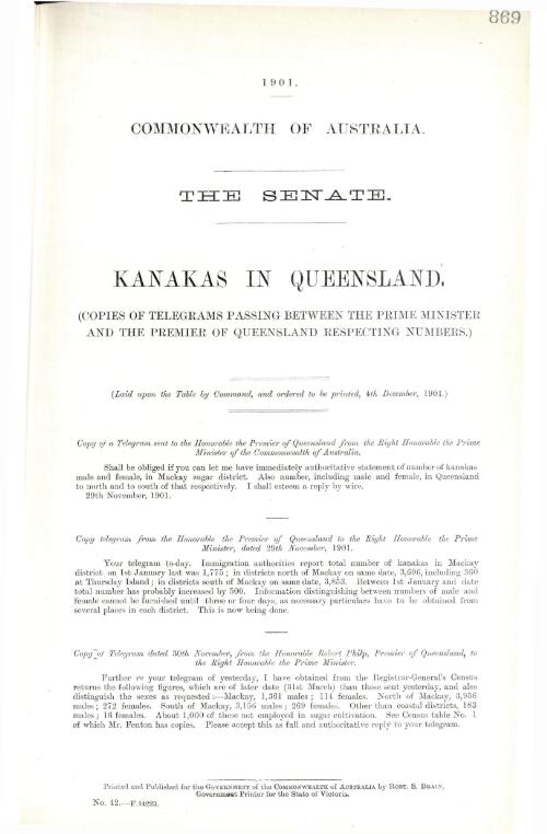 Kanakas in Queensland : Copies of telegrams between the Prime Minister and Premier of Queensland respecting numbers.)