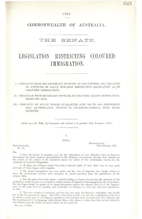 Immigration and Emigration - Coloured Immigration - Legislation Restricting - Despatches