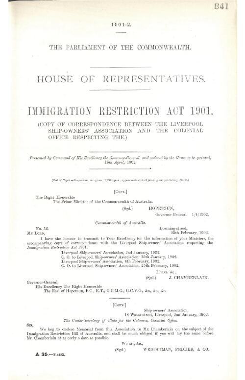Immigration Restriction Act 1901. : (Copy of correspondence between the Liverpool Ship-Owners' Association and the Colonial Office respecting the.)