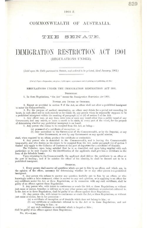 Immigration Restriction Act 1901. : (Regulations under)