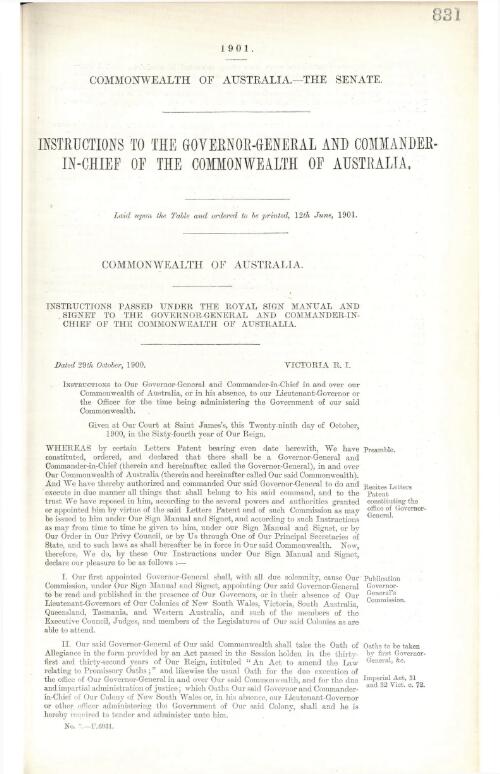 Instructions to the Governor-General and Commander-in-Chief of the Commonwealth of Australia : Instructions passed under the Royal Sign manual and Signet to the Governor-General and Commander-in-Chief of the Commonwealth of Australia