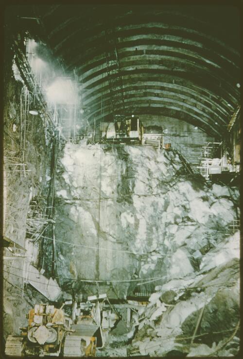 Excavation at the T-1 underground power station, Snowy Mountains Hydro-Electric Scheme, Snowy Mountains, New South Wales, approximately 1955