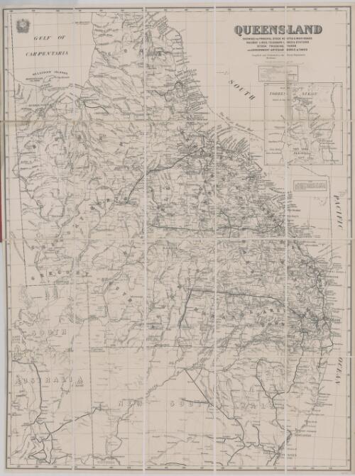 Queensland showing the principal stock routes & main roads, railway lines, telegraph lines & stations, stock trucking yards and government artesian bores & tanks / compiled and published at the Survey Department Brisbane