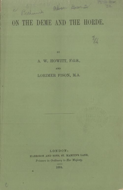 On the deme and the horde / by A.W. Howitt and Lorimer Fison
