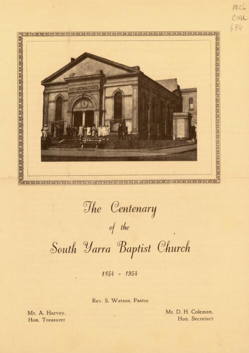 The Centenary of the South Yarra Baptist Church, 1854-1954