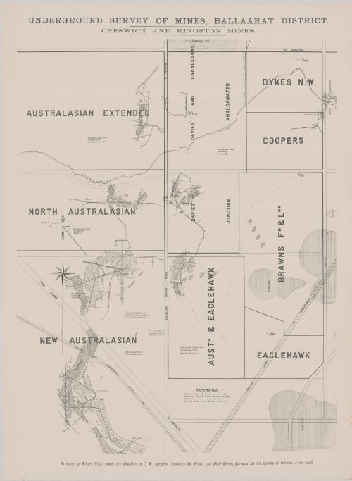 Underground survey of mines Ballaarat District. Creswick and Kingston mines / surveyed by Robert Allan, under the direction of C.W. Langtree, Secretary for Mines, and Chief Mining Surveyor for the Colony of Victoria, June, 1888