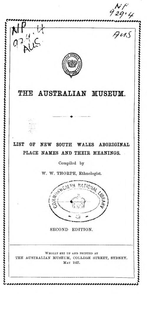 List of New South Wales aboriginal place names and their meanings / compiled by W.W. Thorpe