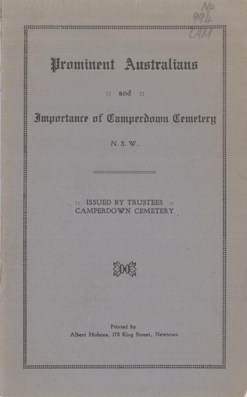 Prominent Australians and importance of Camperdown Cemetery, N.S.W