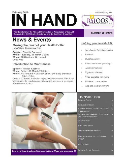In hand : the newsletter of the RSI and Overuse Injury Association of the ACT supported by ACT Health and the Southern Cross Club / RSIOOS, RSI & Overuse Injury Association of the ACT Inc
