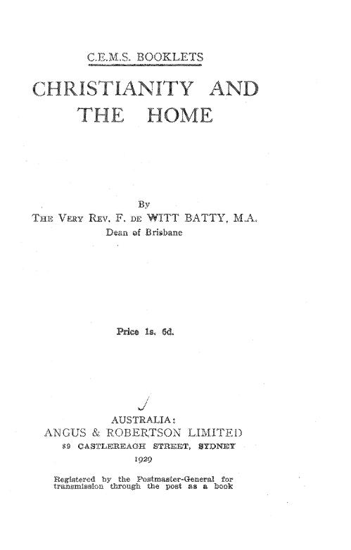 Christianity and the home / by F. de Witt Batty