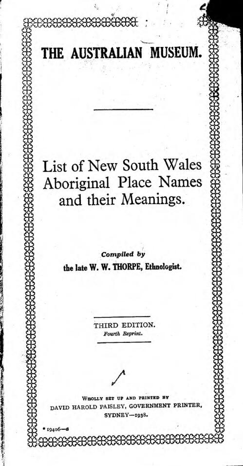 List of New South Wales Aboriginal place names and their meanings / compiled by W.W. Thorpe