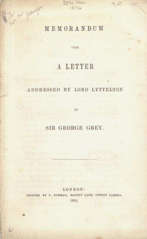 Memorandum upon a letter addressed by Lord Lyttelton to Sir George Grey