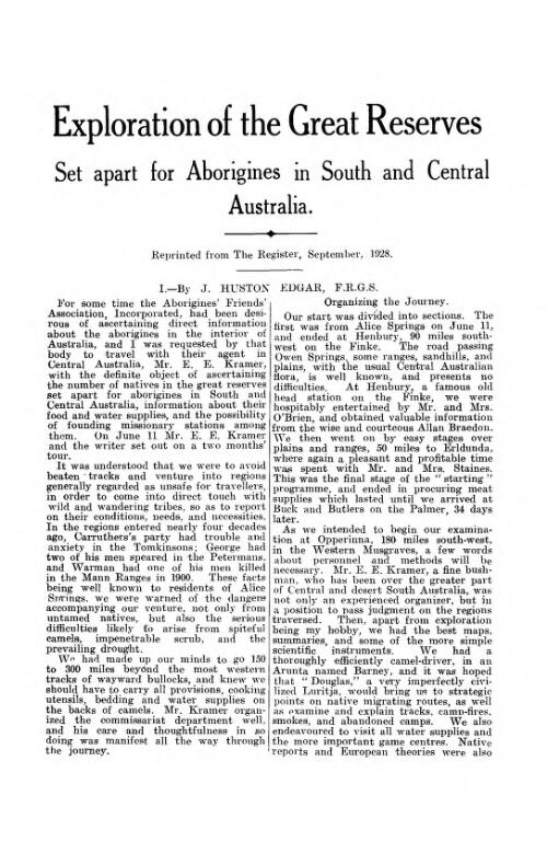 Exploration of the great reserves set apart for Aborigines in South and Central Australia / by J. Huston Edgar