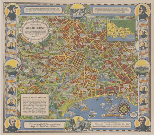 Pictorial map of the city and surroundings of Melbourne in the state of Victoria, Commonwealth of Australia [cartographic material] : depicting the principal highways, railways, parks, historic landscapes and associations together with divers amusements and customs prevailing in the "Queen City of the South", 1834-1934 / designed & executed by O.J. Dale