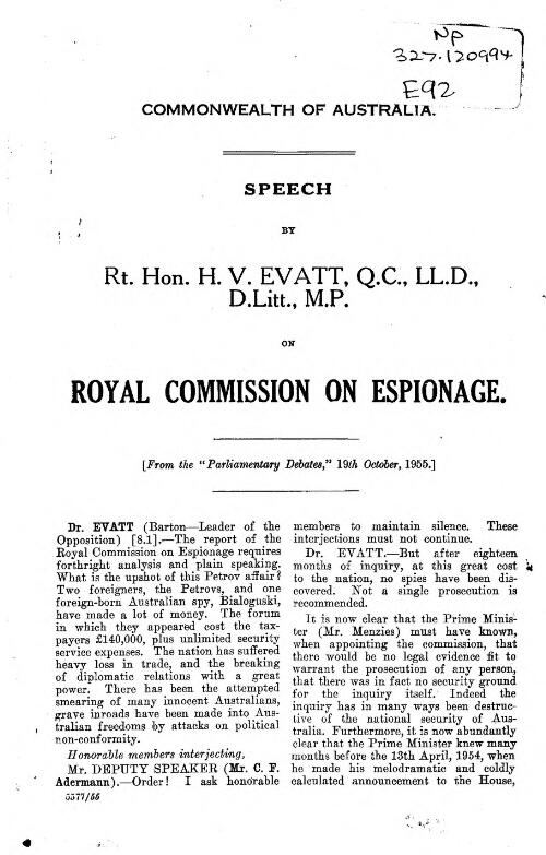 Speech by ... H.V. Evatt ... on Royal Commission on Espionage
