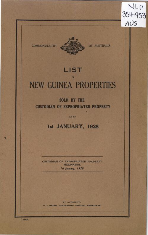 List of New Guinea properties sold by the Custodian of Expropriated Property as at 1st January, 1928