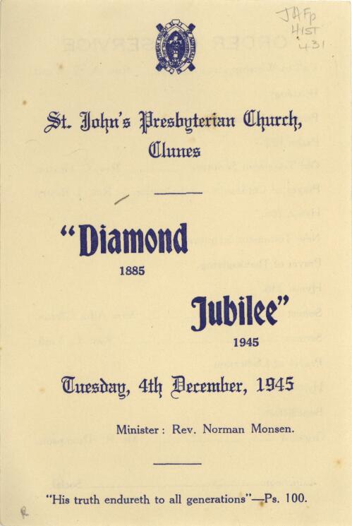 St John's Presbyterian Church, Clunes : diamond jubilee 1885-1945, Tuesday 4th December, 1945