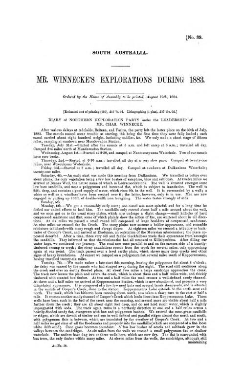 Mr. Winnecke's explorations during 1883 : diary of Northern Exploration Party under the leadership of Mr. Chas. Winnecke