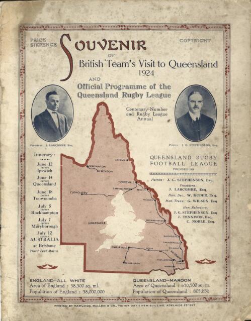 Souvenir of British team's visit to Queensland 1924 and official programme of the Queensland Rugby League