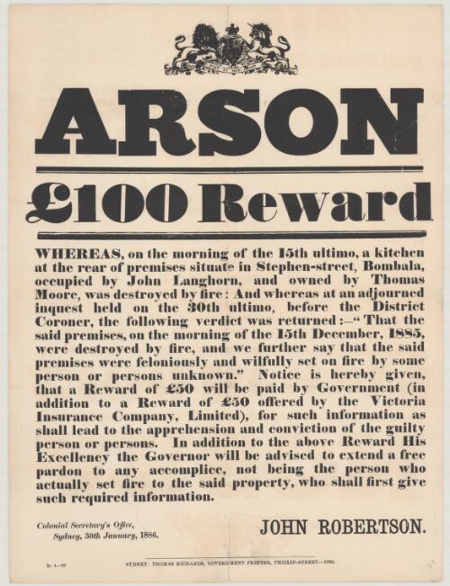 Arson : L.100 reward / John Robertson, Chief Secretary's Office
