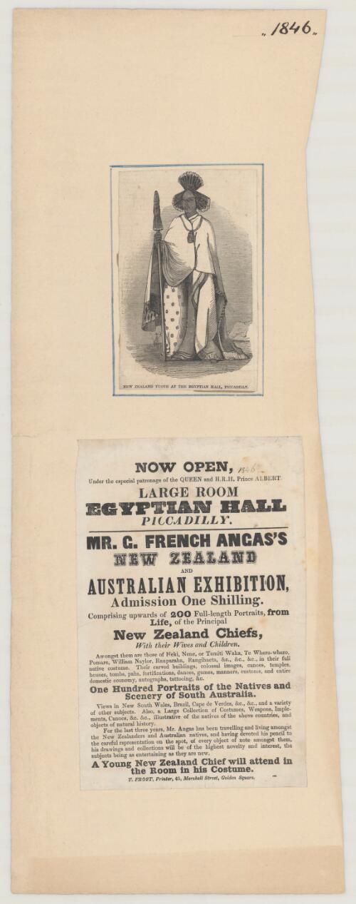 Now open... Large Room, Egyptian Hall, Piccadilly : Mr G. French Angas's New Zealand and Australian exhibition... : ... 200 full-length portraits... of the principal New Zealand chiefs with their wives and children :... one hundred portraits of the natives and scenery of South Australia