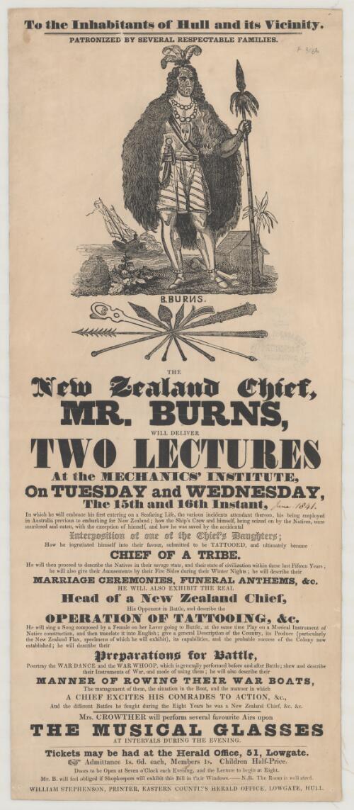 The Zealand chief, Mr Burns will deliver two lectures at the Mechanics' Institute... : ... his being employed in Australia... : ... then proceed to describe the natives in their savage state and their state of civilization