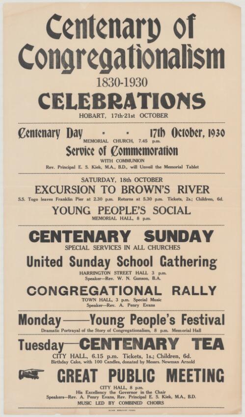 Centenary of Congregationalism 1830-1930 celebrations, Hobart, 17th-21st October