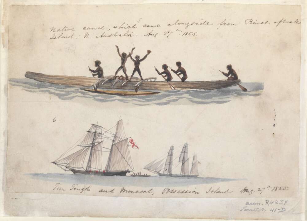 Native canoe, which came alongside from Prince of Wales Island, N[orth] Australia, Aug. 27th, 1855; Tom Tough and Monarch, Possession Island, Aug. 27th 1855