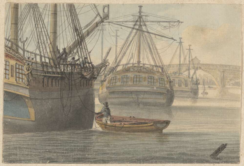 Painting of two ships on the river Thames